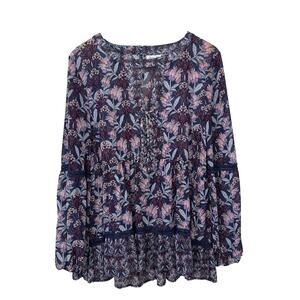 Skylar & Jade‎ Peasant Boho Blouse 1X Eyelet Crochet Lace Up Front w/Tie Purple